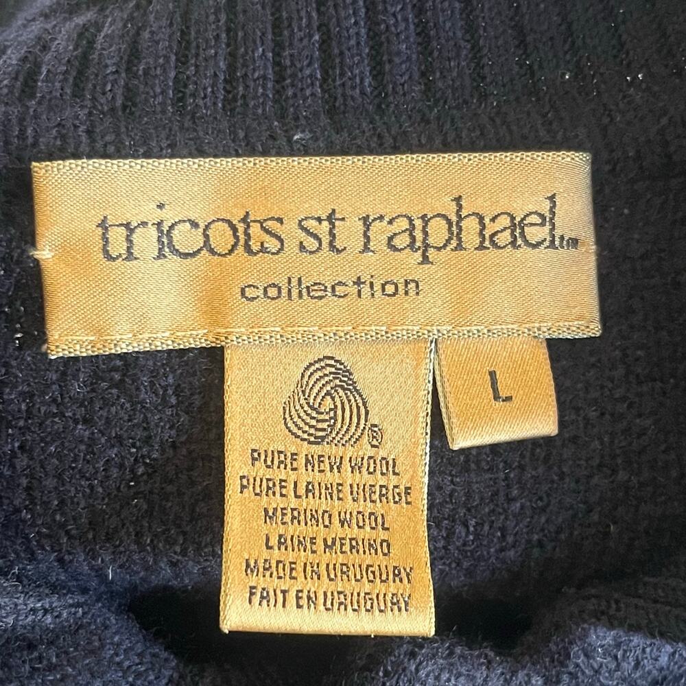 Tricots St Raphael Sweater L Navy 100% Merino Wool Elbow Patch Pullover Preppy - Picture 6 of 7